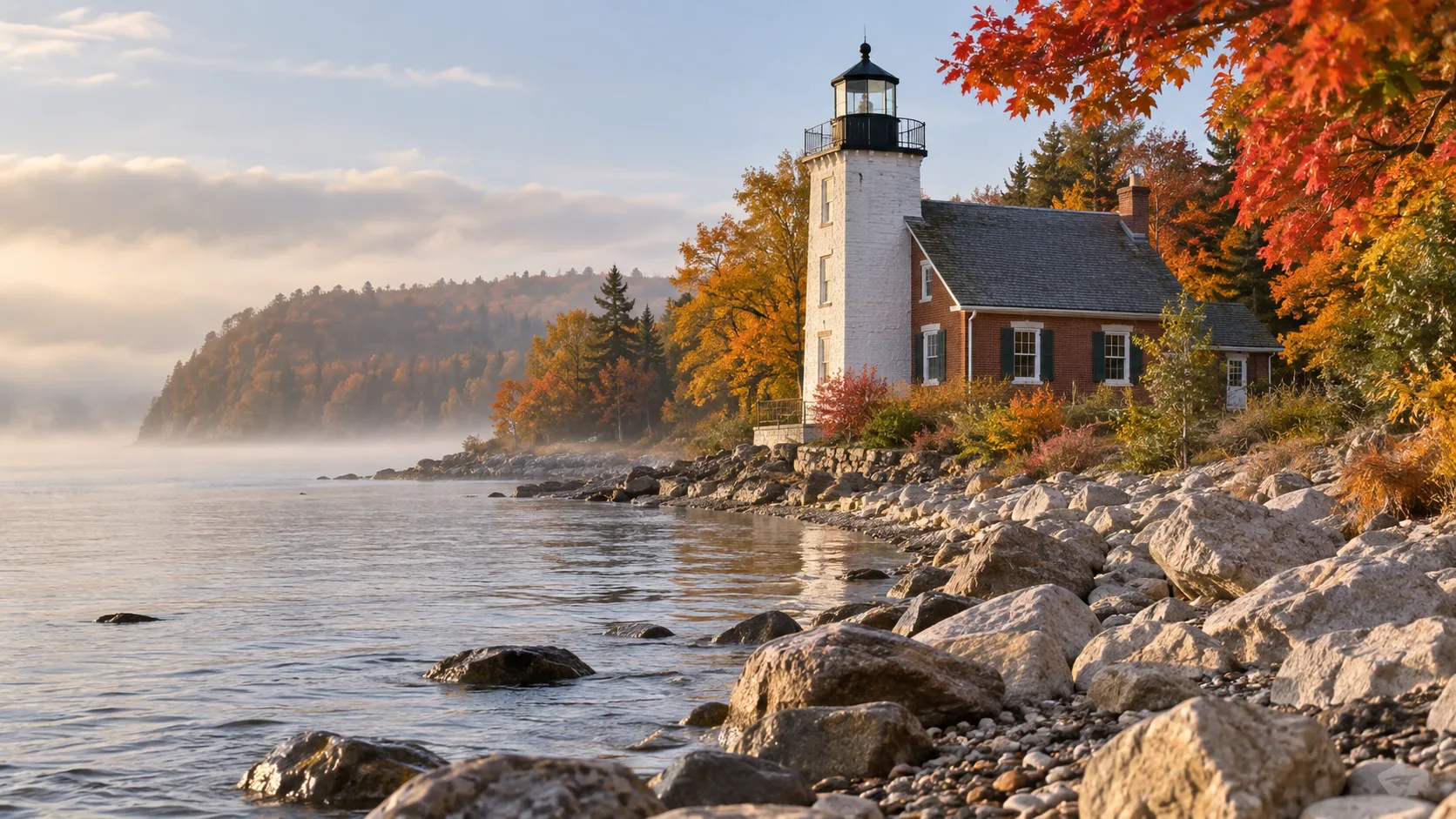 Grand Traverse Lighthouse surrounded by autumn trees at the tip of Michigan's Leelanau Peninsula