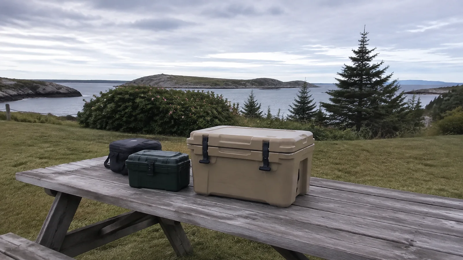 Cooler and small containers on a picnic table overlooking islands.