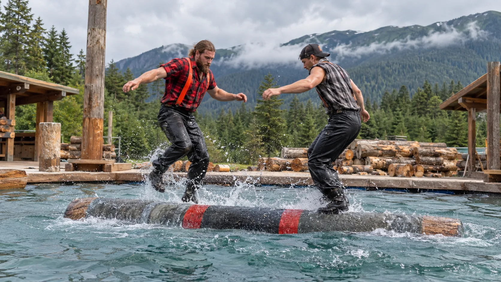 Two lumberjacks competing in a log-rolling event in Ketchikan