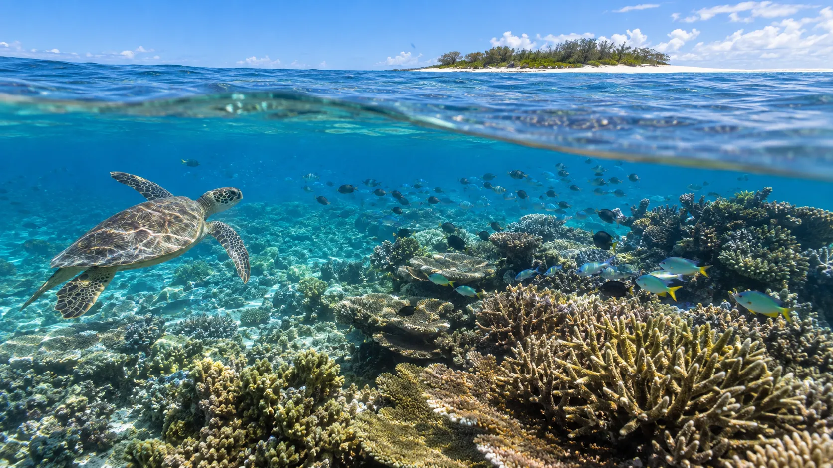 Healthy coral garden beneath clear water beside a Whitsunday island on the Great Barrier Reef