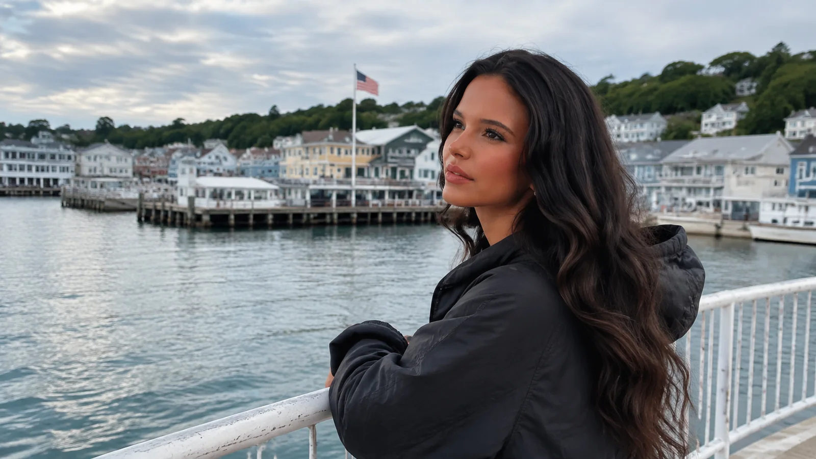 Woman leaning on a ship railing near a waterfront town.