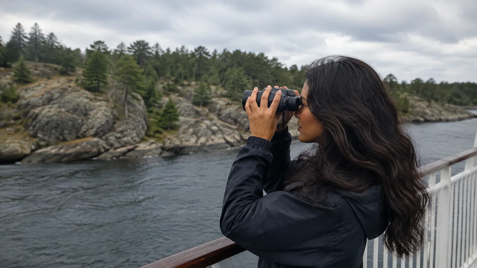 Woman using binoculars to view a wooded island from a ship.