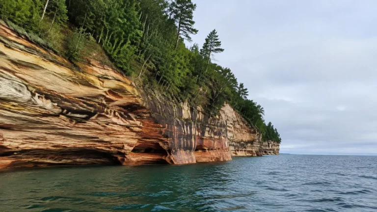 Layered orange sandstone cliffs rise directly above blue lake water