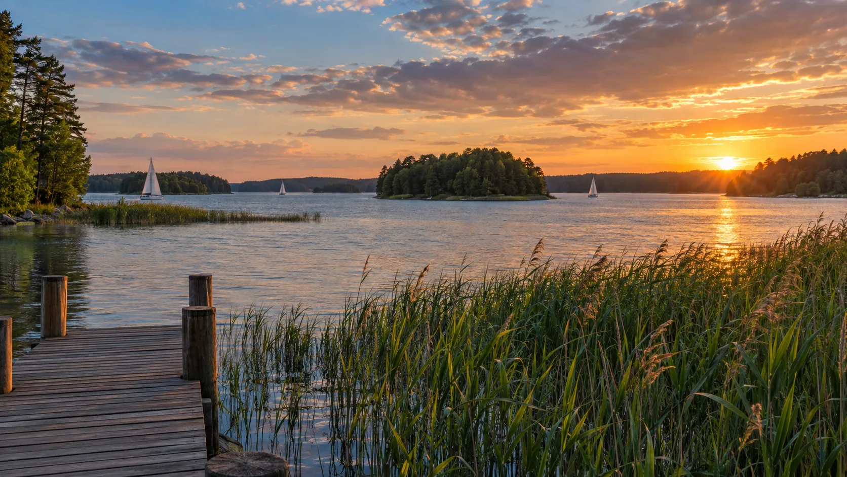 Sailboats, forested islands and reed beds on the Great Masurian Lakes at sunset
