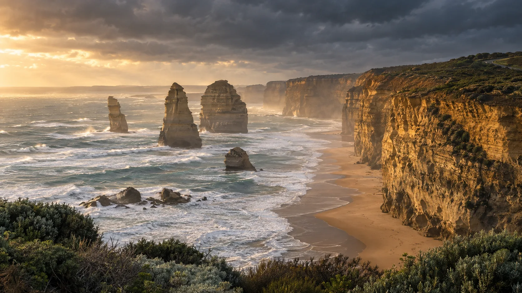 The Twelve Apostles sea stacks catch golden light beneath storm clouds on Victoria's Great Ocean Road.