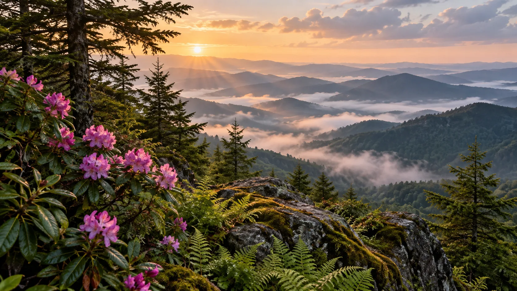 Blue mist fills layered Appalachian ridges beyond blooming rhododendrons in Great Smoky Mountains National Park.