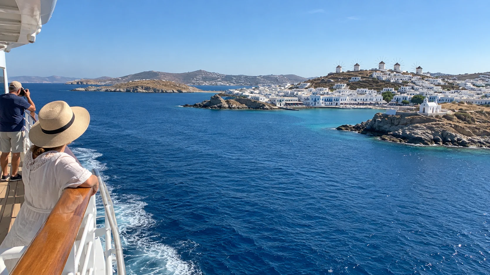 Whitewashed Cyclades village and blue-domed church above the Aegean Sea.