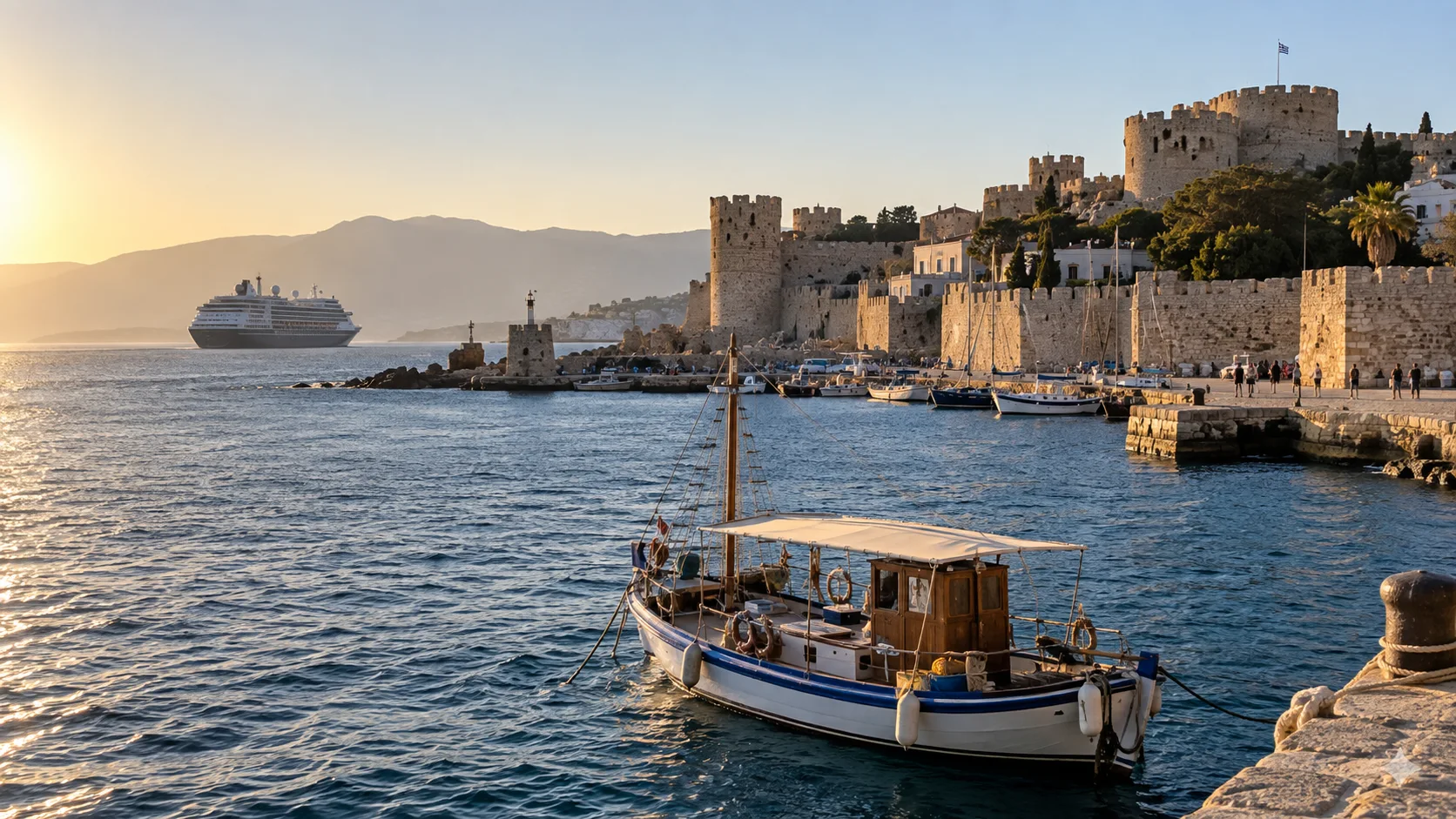 Stone harbor and medieval walls on a Dodecanese island in the eastern Aegean.