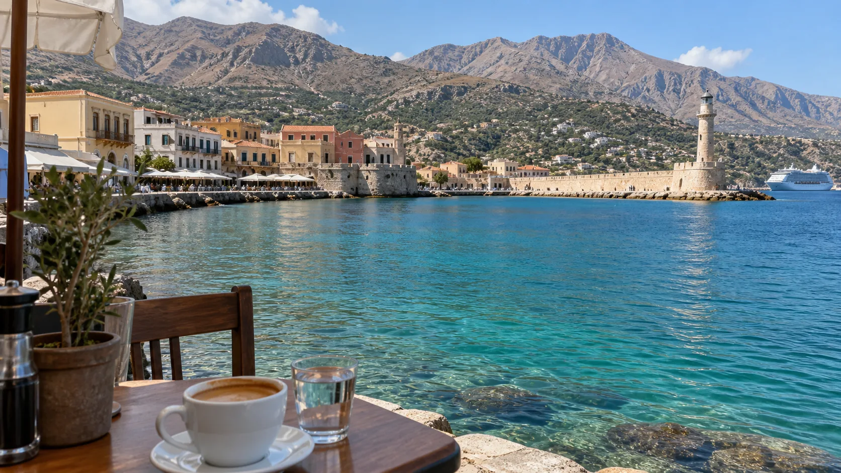 Turquoise cove and rugged mountains along the coast of Crete.