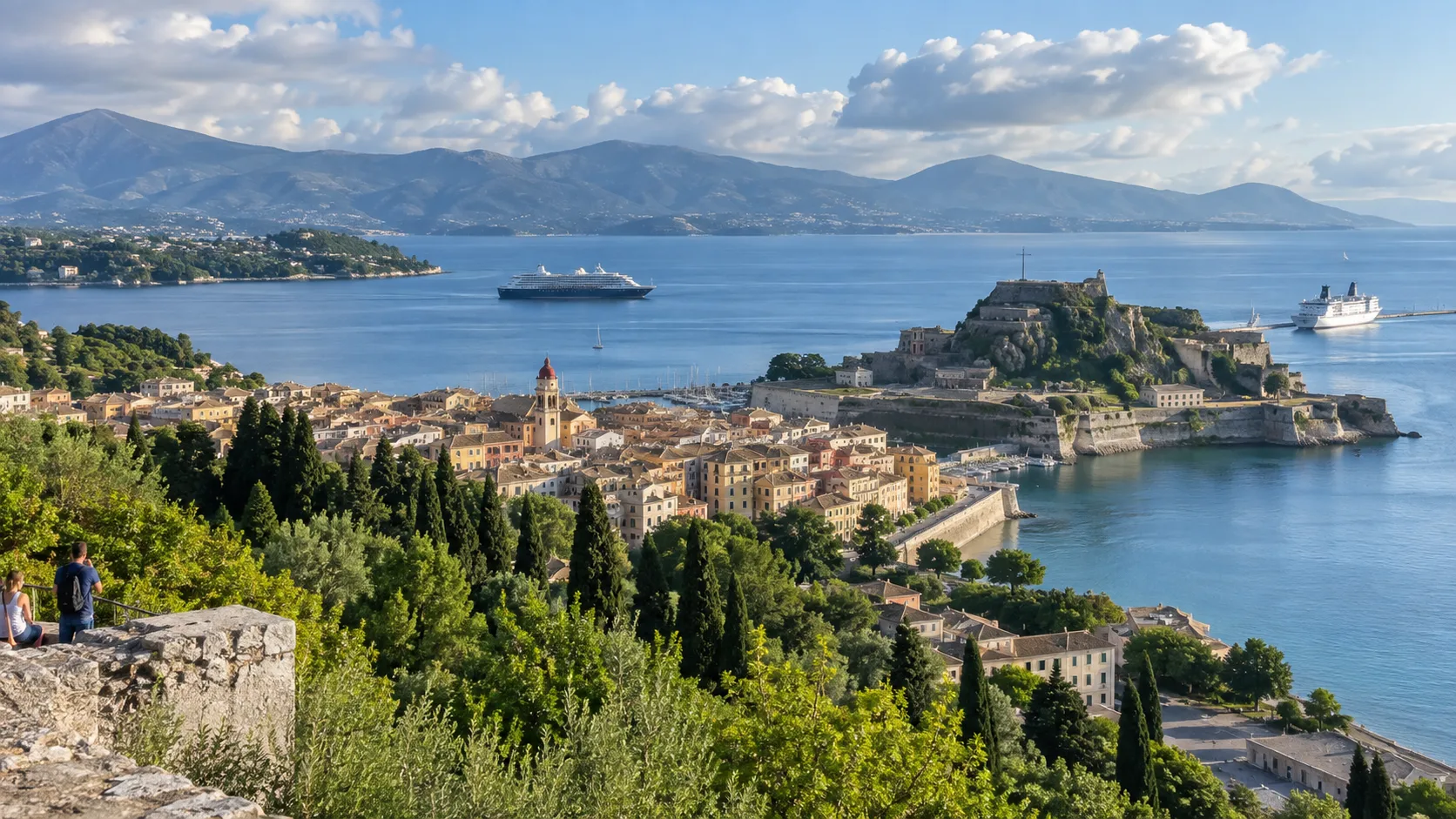 Green Ionian island coastline with a sailboat in clear blue water.