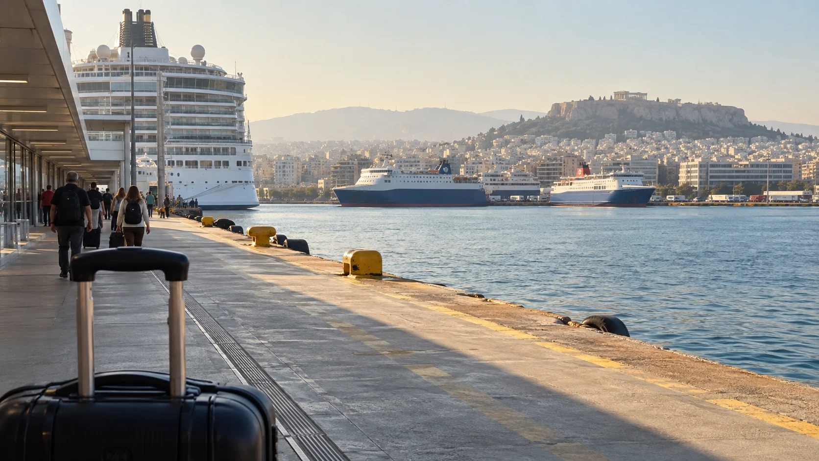 Cruise ships and ferries in the port of Piraeus near Athens.