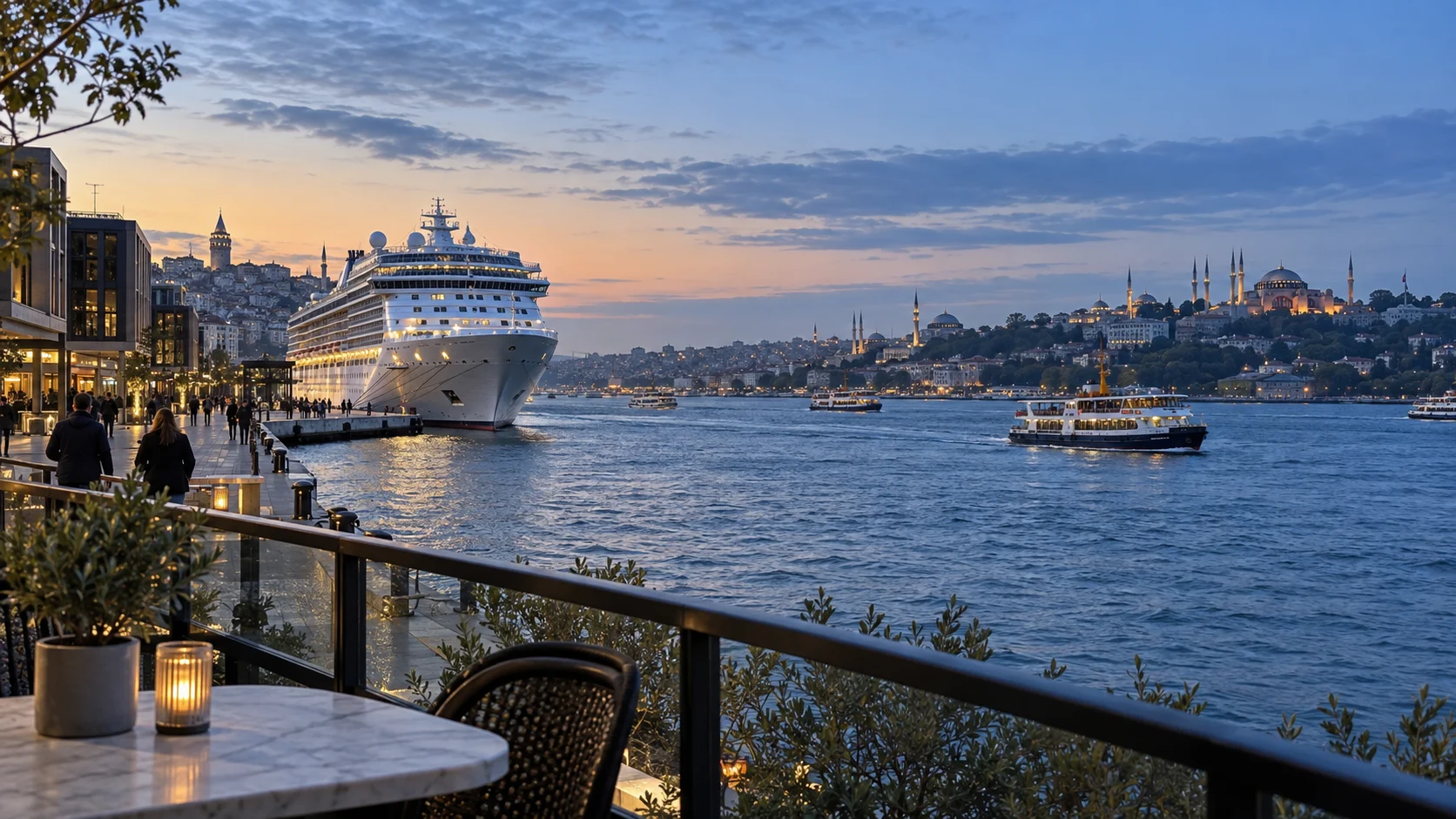 Cruise ship sailing past the historic Istanbul skyline at sunrise.