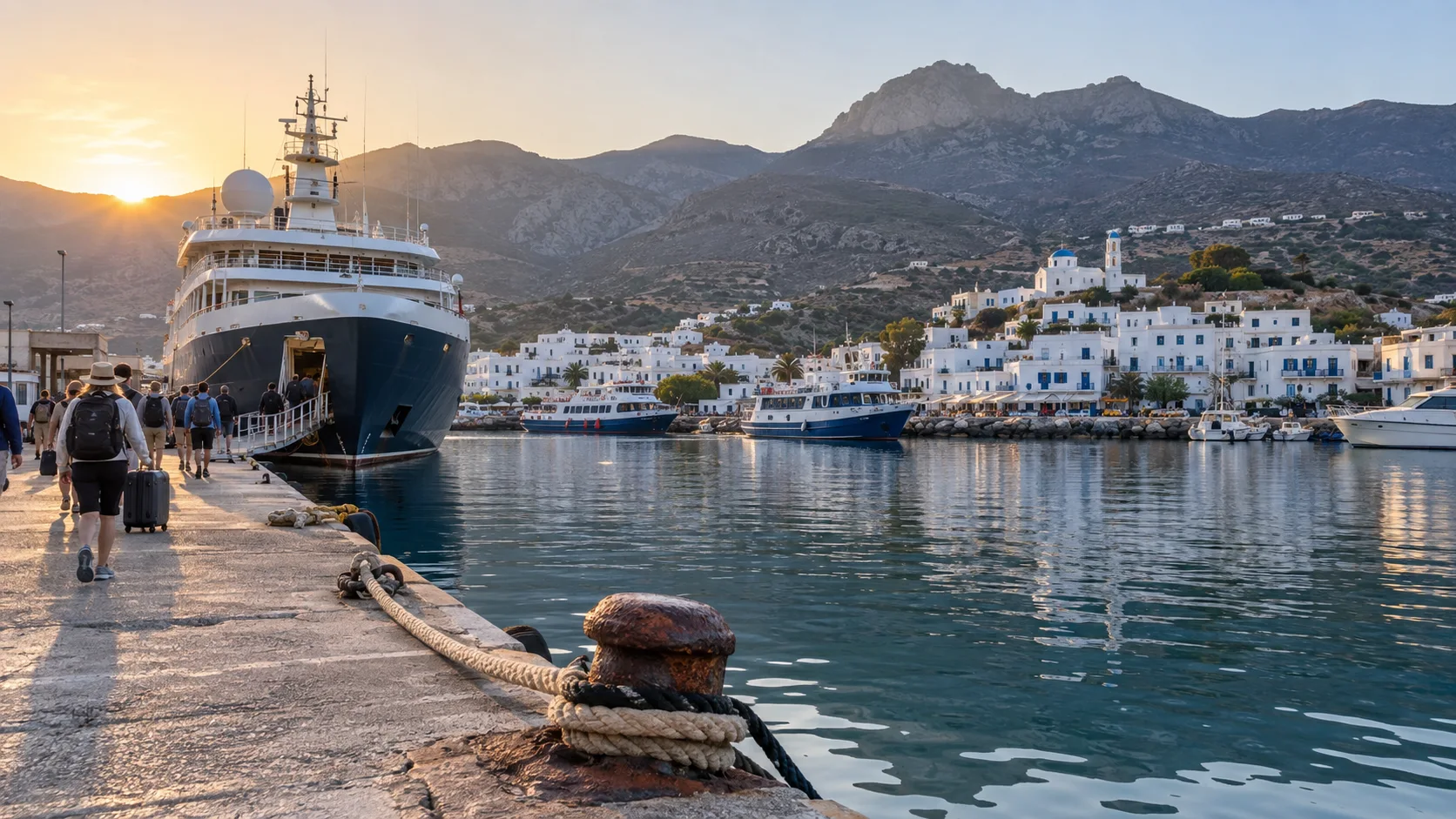 Small regional Greek harbor with a compact cruise ship at the quay.
