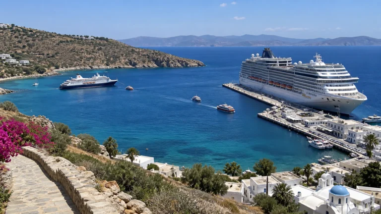 Large cruise ship and small sailing vessel traveling through the Greek islands.
