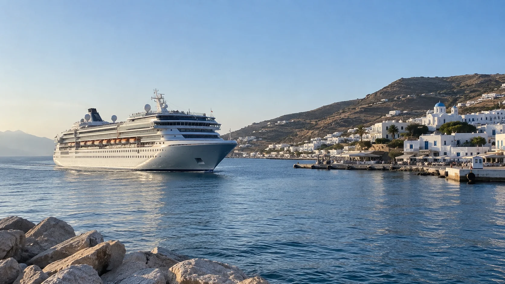 Mid-sized cruise ship anchored beside a scenic Greek island port.