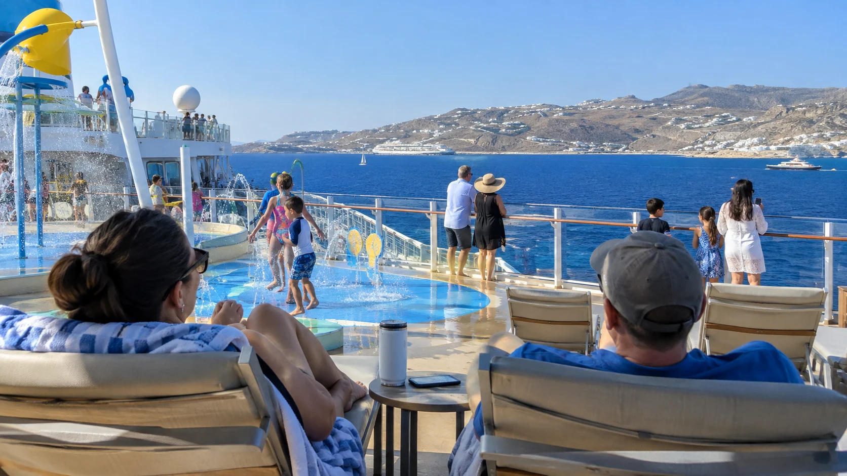 Family-friendly large cruise ship sailing through calm Aegean waters.