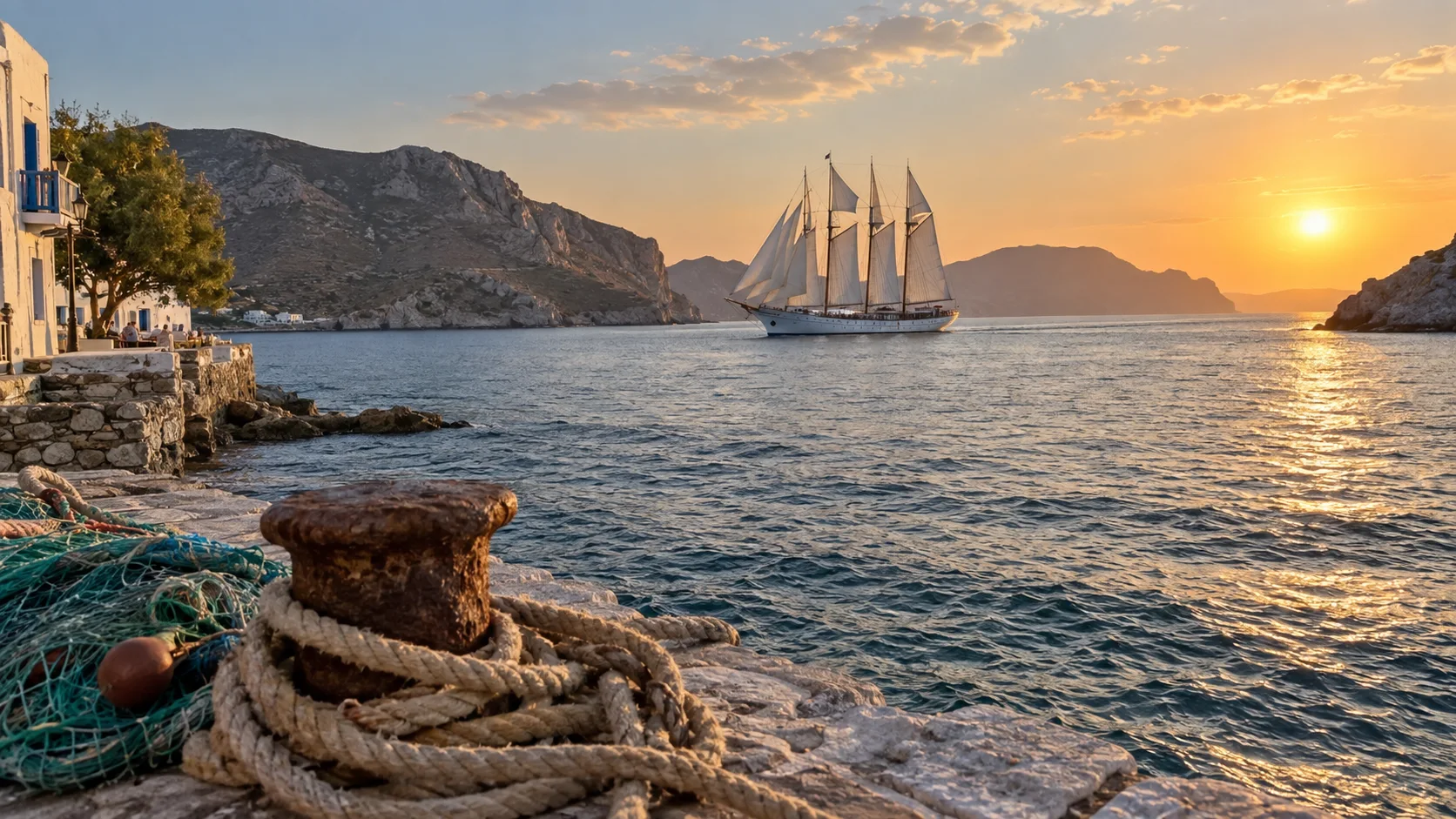 Elegant sailing ship under full sails near a quiet Greek island.