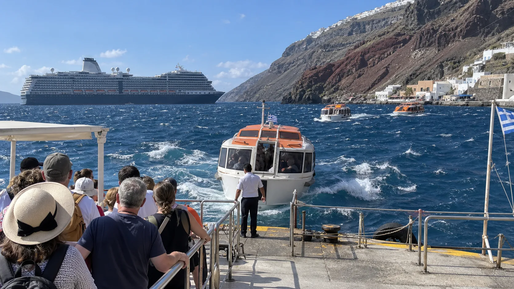 Cruise tender approaching a small Greek island harbor in choppy water.