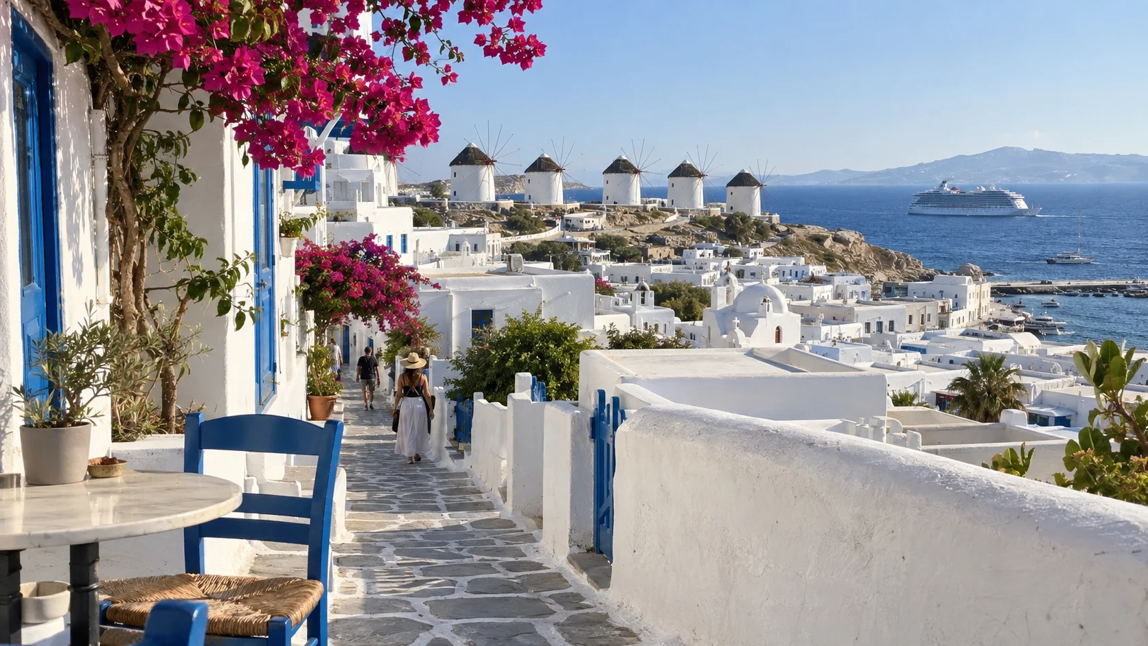 White buildings and windmills beside the blue sea in Mykonos.
