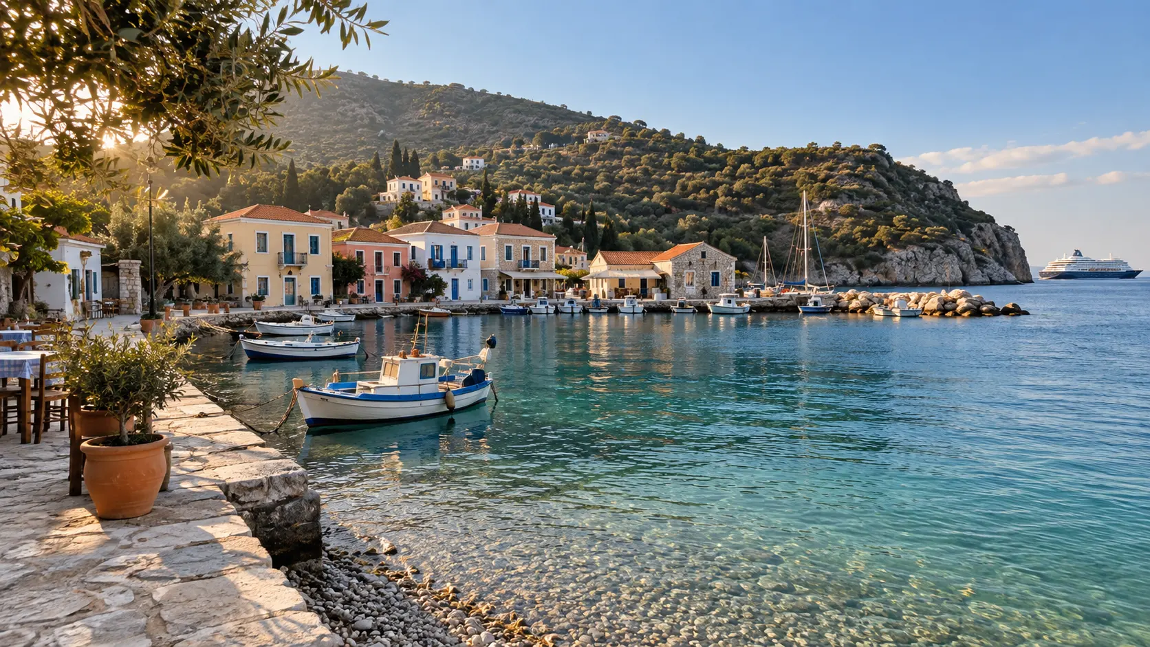 Quiet Greek island harbor with colorful fishing boats and waterfront homes.