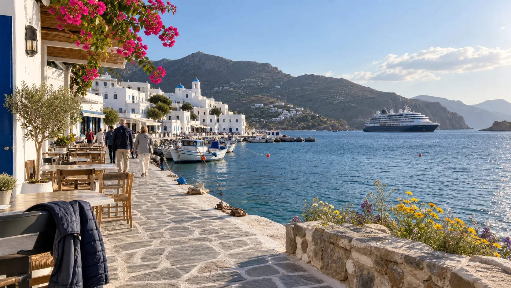 Greek island harbor glowing in warm shoulder-season sunlight.