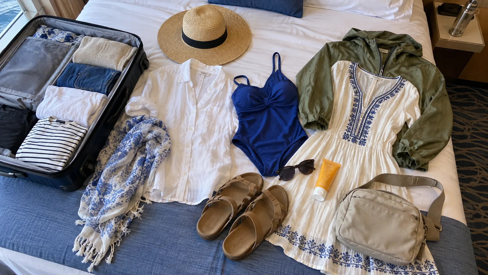 Sun hat, walking shoes, swimsuit, and day bag arranged for a Greek islands cruise.