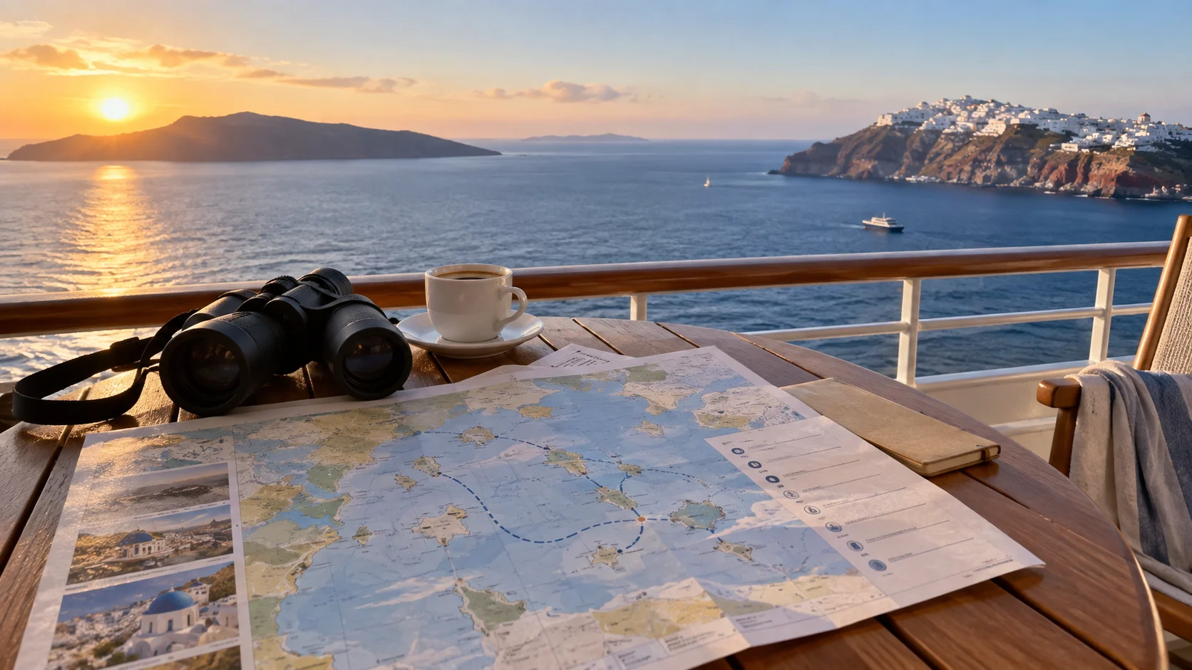 Cruise ship at sunset during a seven-night Greek islands itinerary.