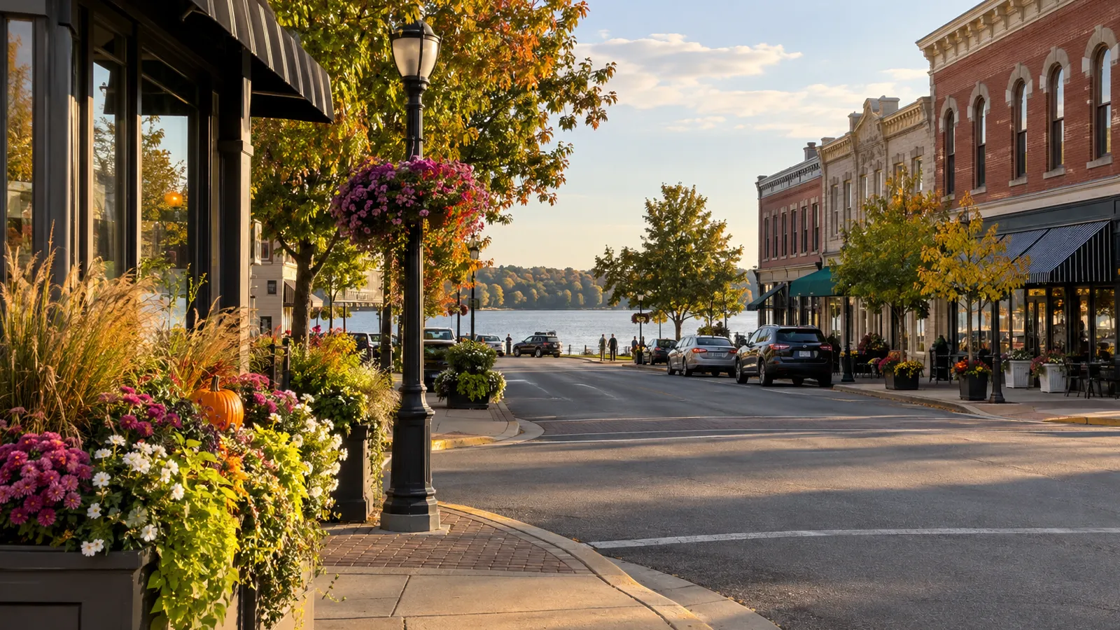 Flower planters and historic storefronts glow in late-afternoon light in downtown Green Lake.