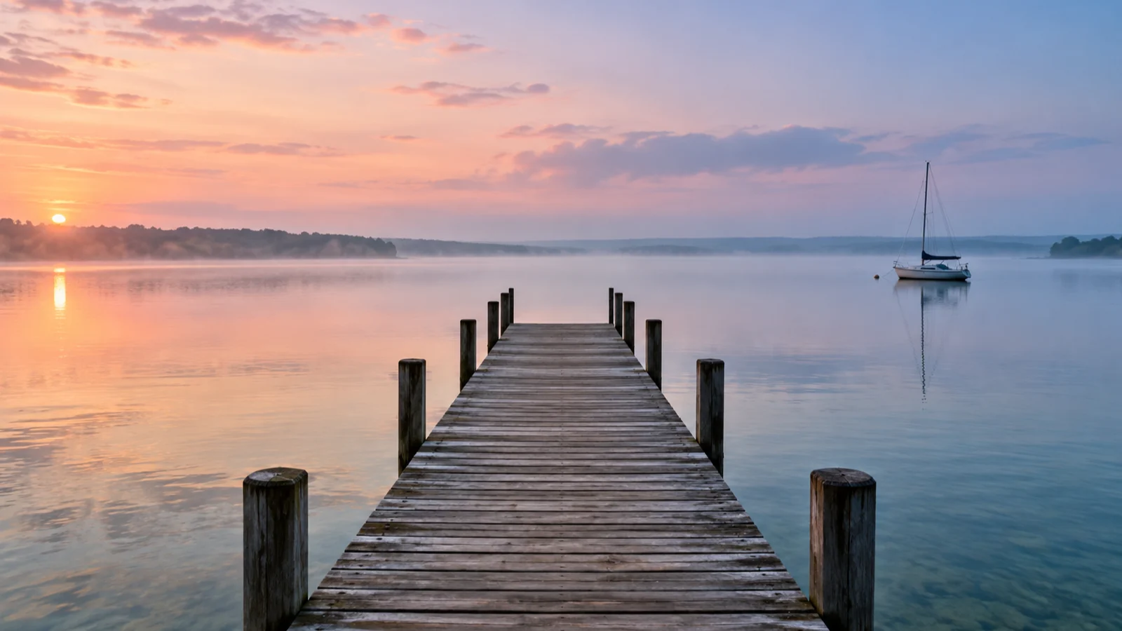 A wooden pier reaches into calm Green Lake beneath a pastel sunrise.
