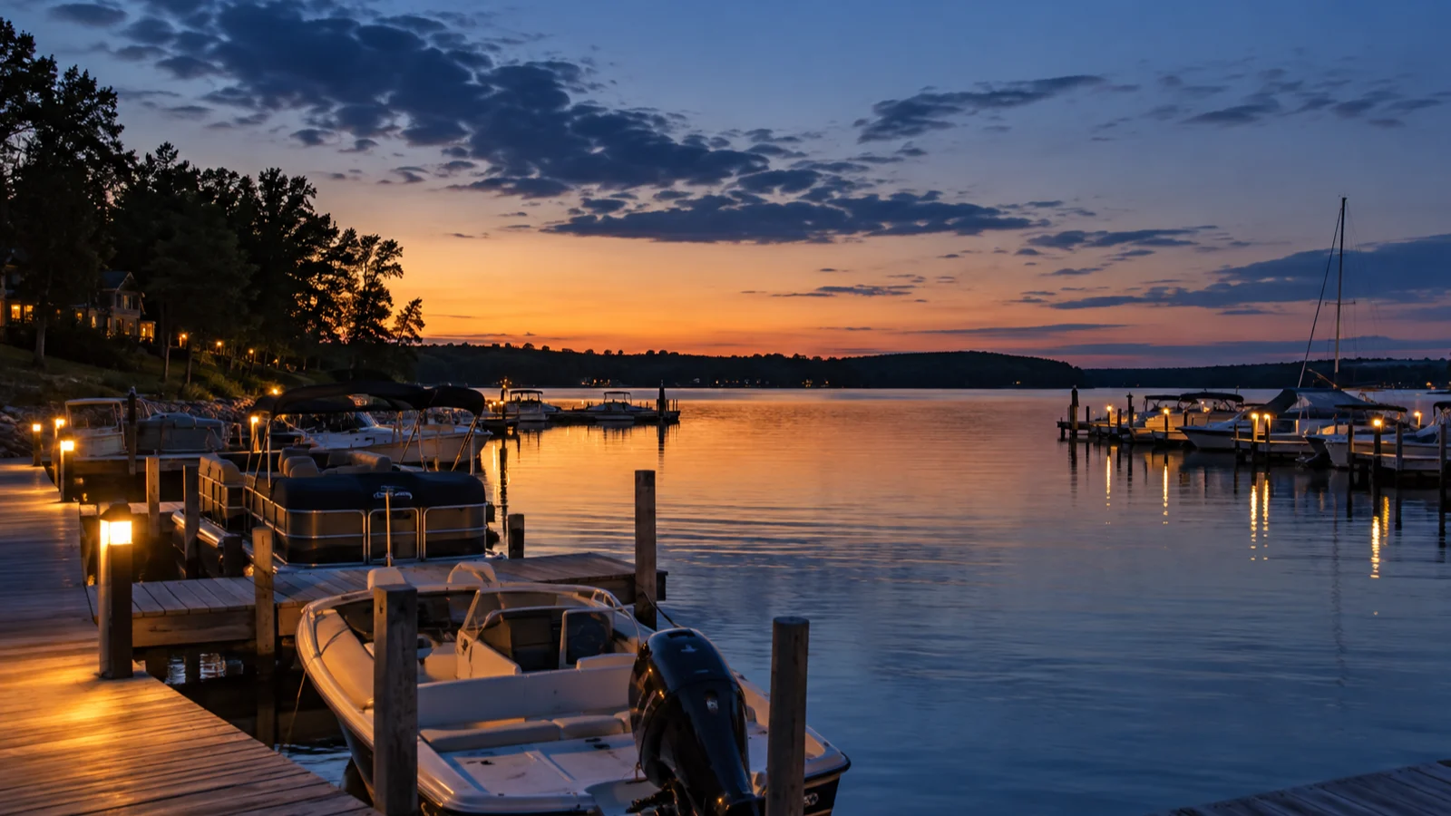 Marina docks and modest boats reflect in Green Lake during deep blue dusk.