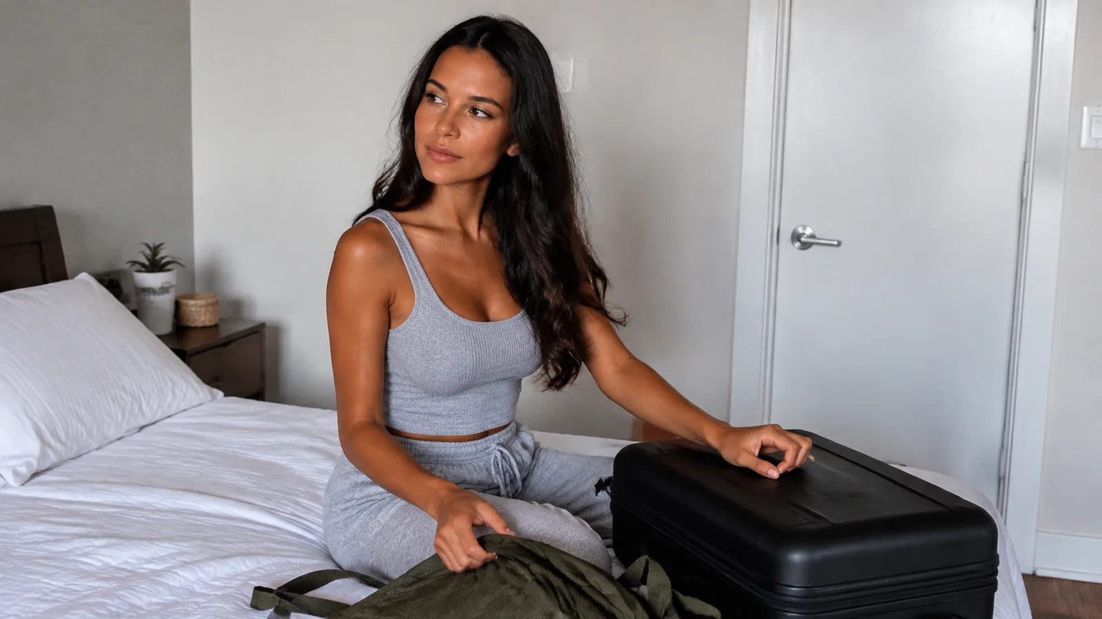 Woman resting a hand on a black suitcase beside a bed.