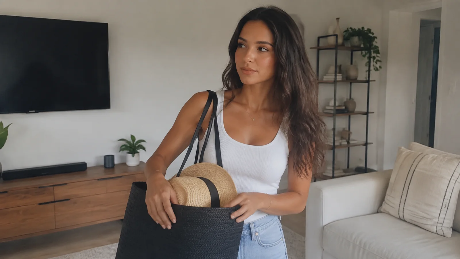 Woman packing a straw hat into a black bag at home.