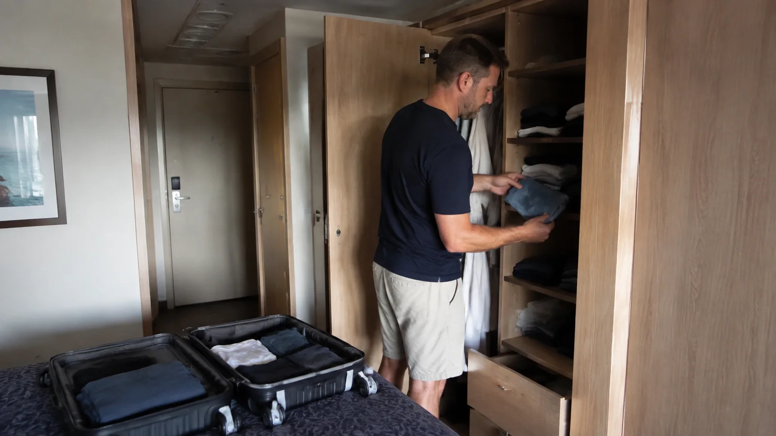 Man places folded clothing onto shelves inside a stateroom wardrobe.
