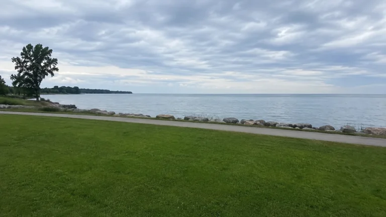 Grassy waterfront park beside a calm lake beneath layered clouds.