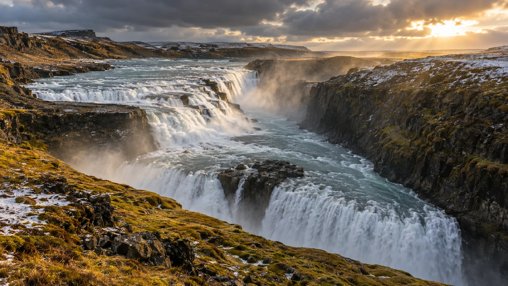 Gullfoss dropping in two tiers into a narrow Icelandic canyon
