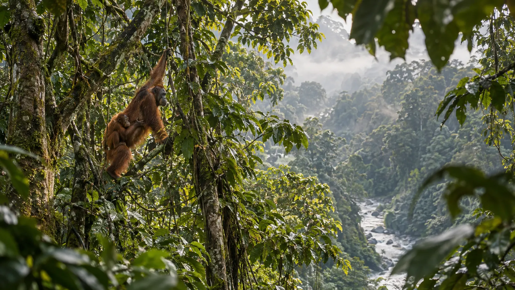 A Sumatran orangutan mother and juvenile move through the misty Gunung Leuser rainforest.