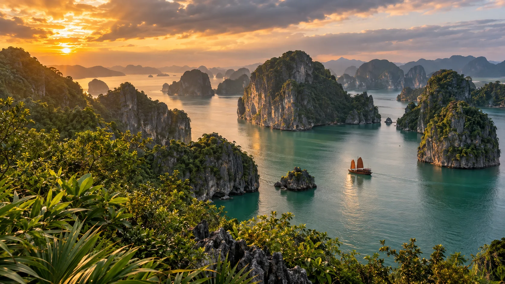 Limestone karst islands and a traditional boat across Ha Long Bay and the Cat Ba Archipelago at sunset.