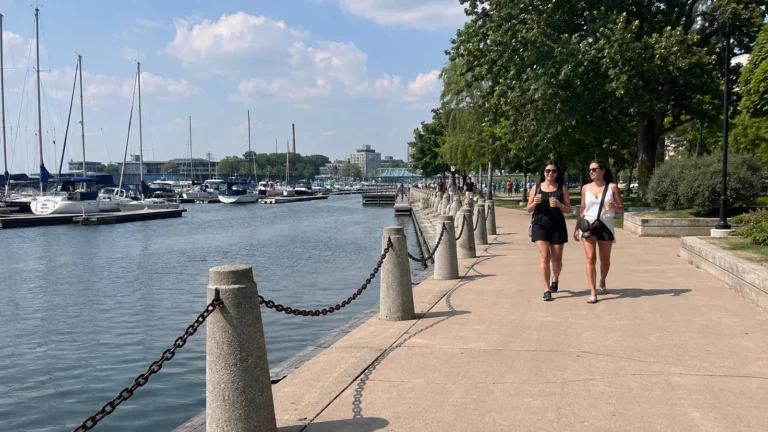 People walk along a waterfront promenade beside a sailboat marina.