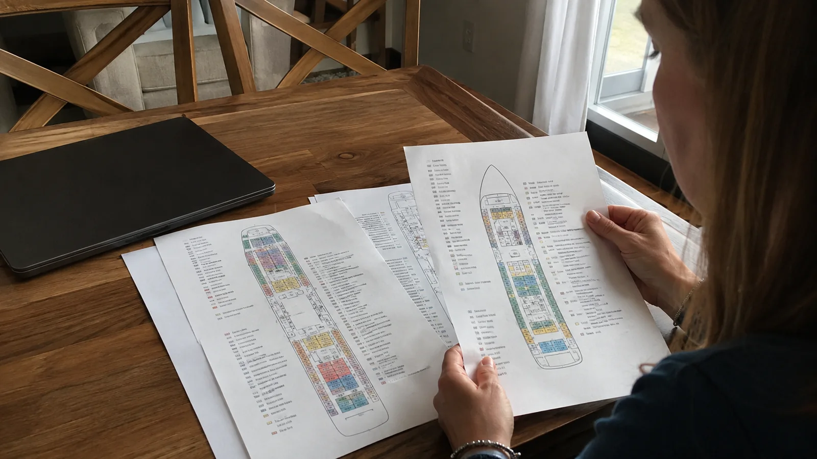 Traveler comparing printed ship deck plans at a table.