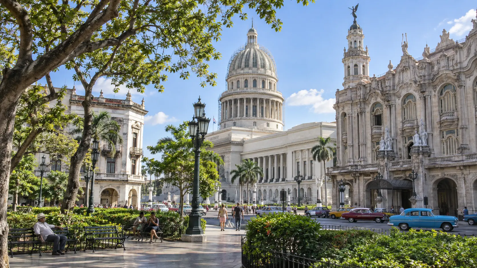 El Capitolio and ornate architecture near Parque Central in Havana.