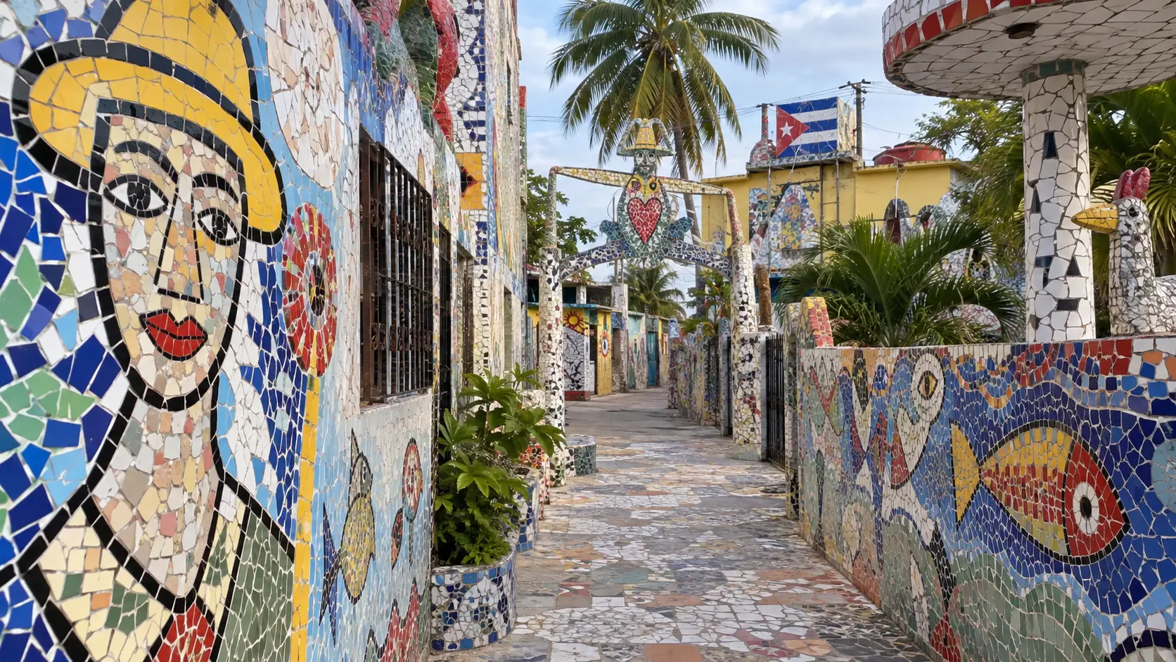Colorful ceramic mosaics covering buildings in Fusterlandia.