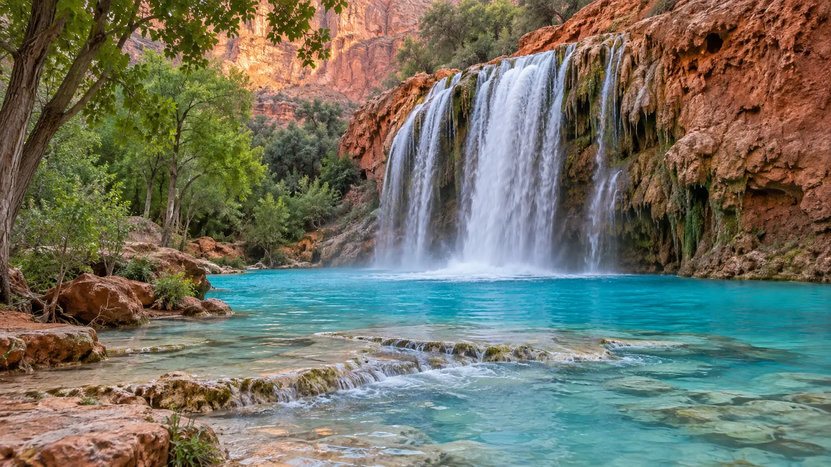 Havasu Falls pouring over red travertine into a turquoise canyon pool