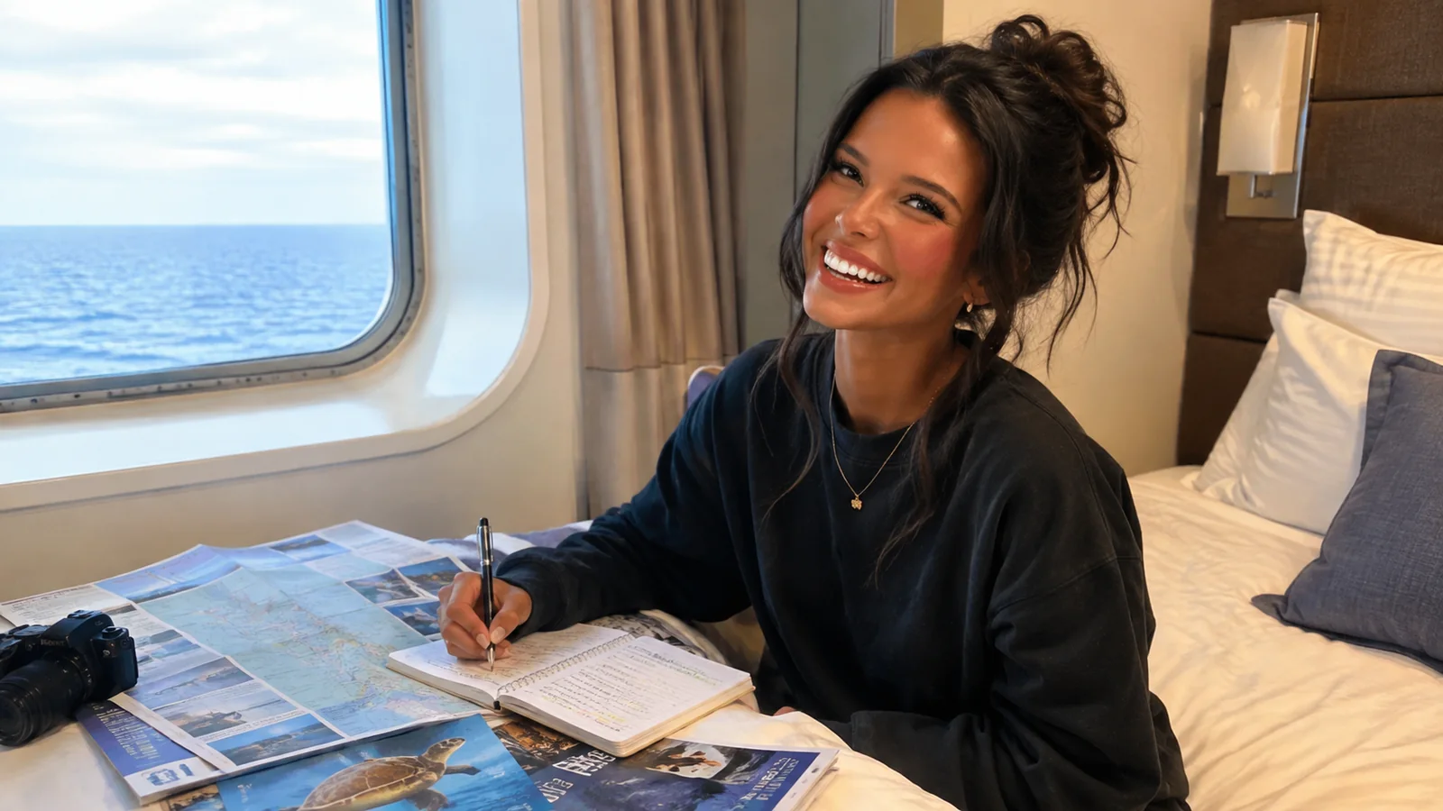 Smiling woman writing in a notebook beside maps in a cruise cabin