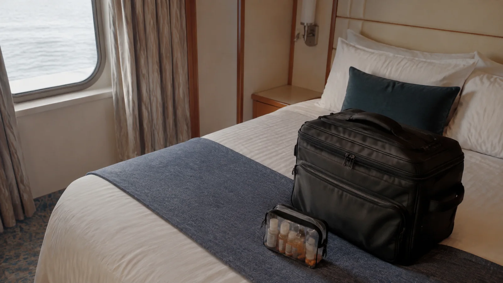 Black backpack and small toiletry pouch on a cabin bed.