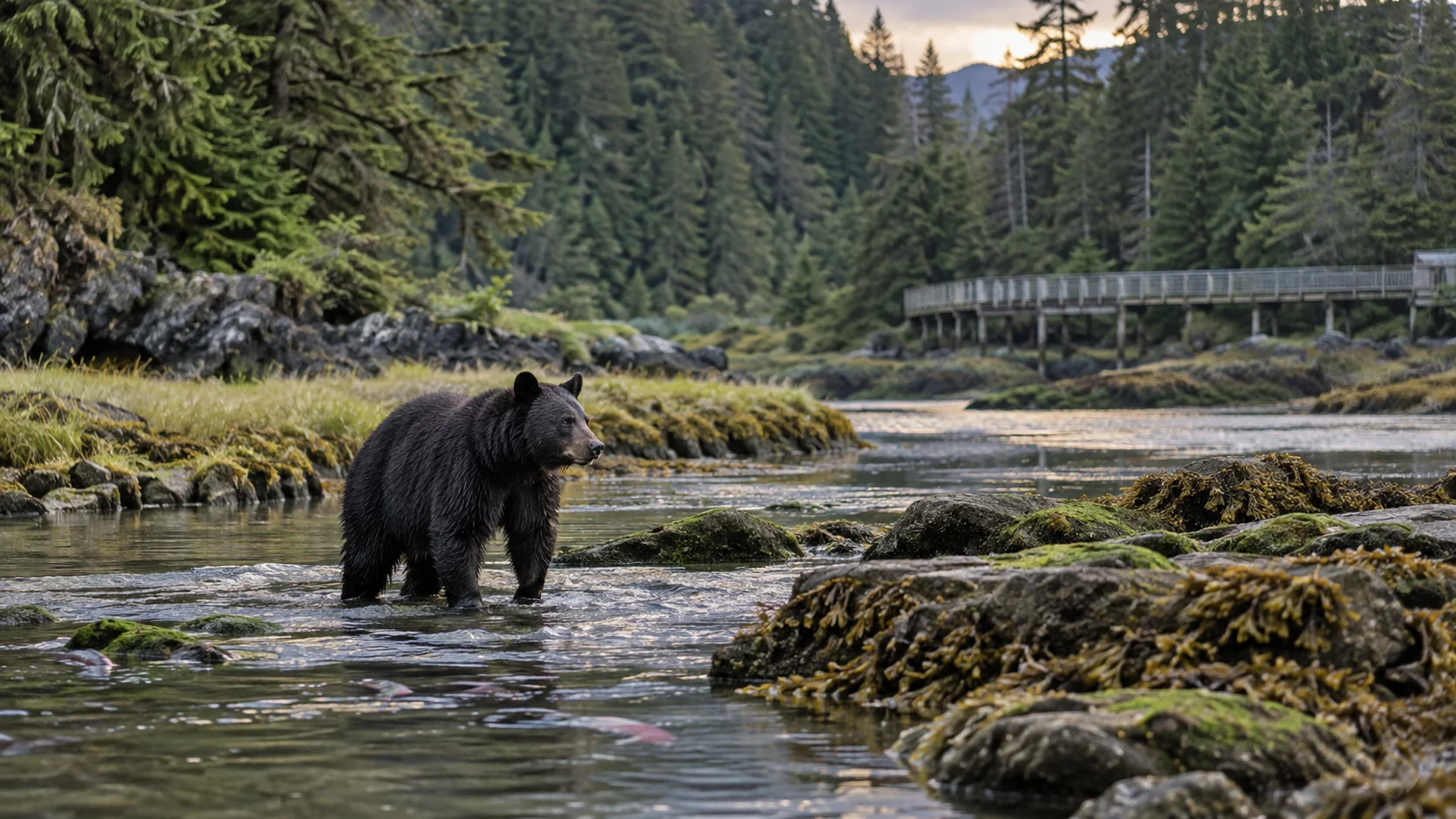 Wild black bear wading through a salmon stream at Herring Cove near Ketchikan