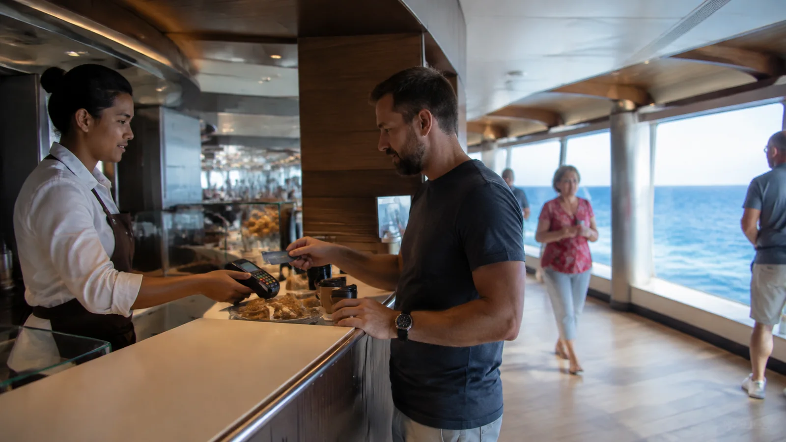 Passenger speaks with a crew member at a ship counter.