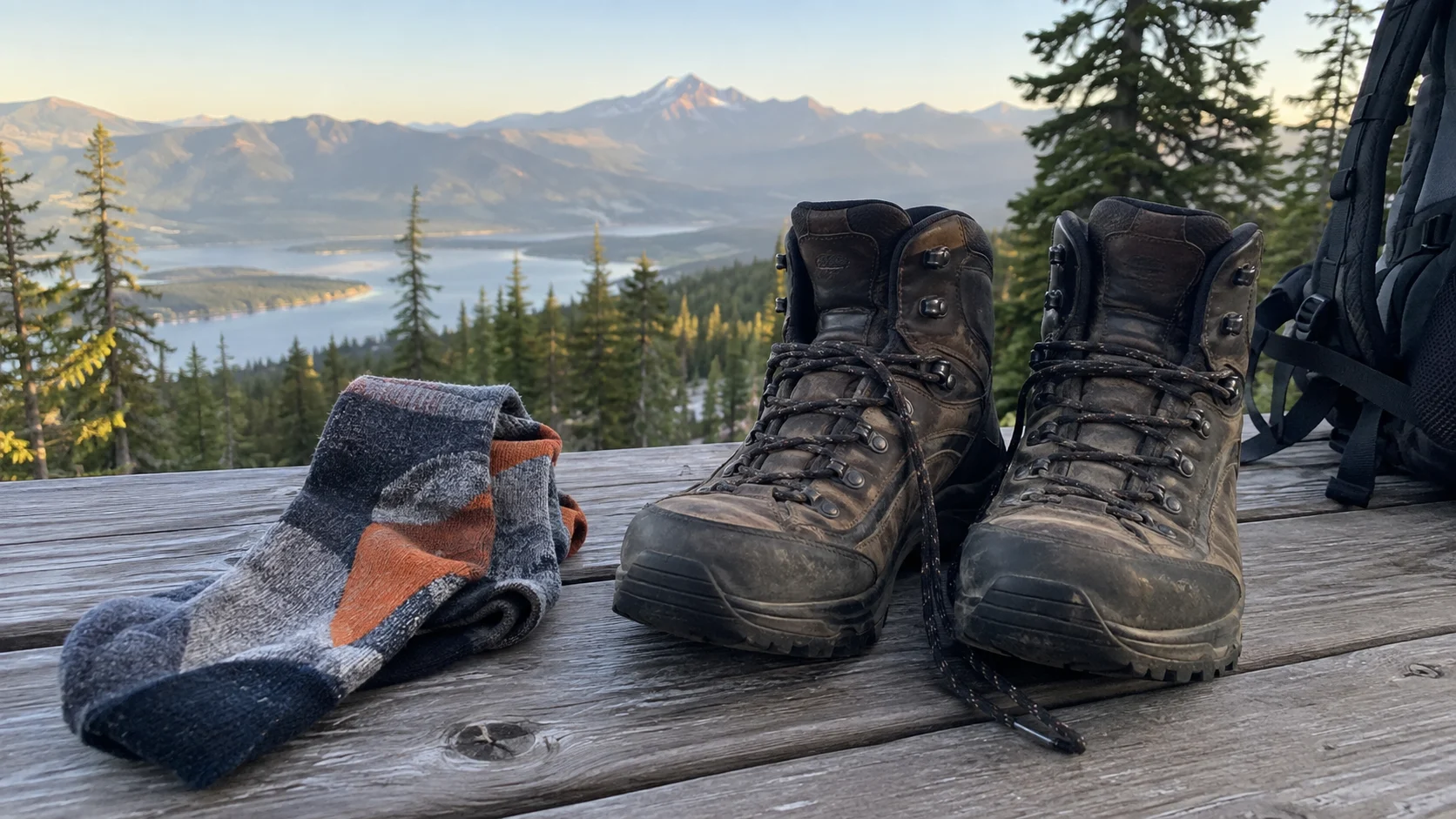 Technical hiking socks beside trail-worn hiking boots.