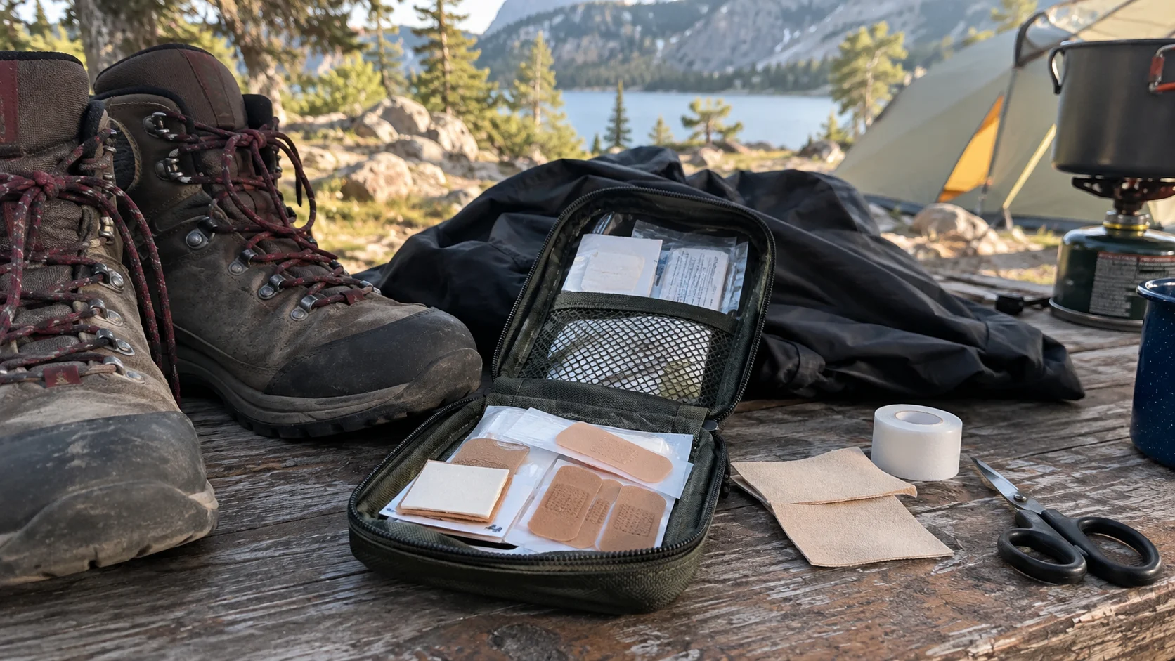 Compact blister and foot-care kit beside hiking boots.