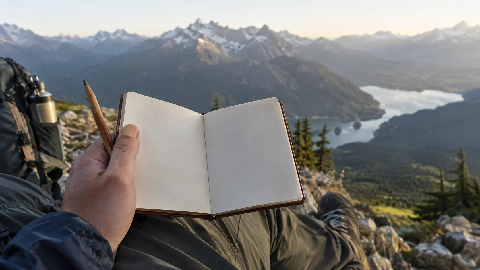 Hiker writing in a pocket trail journal at a mountain viewpoint.