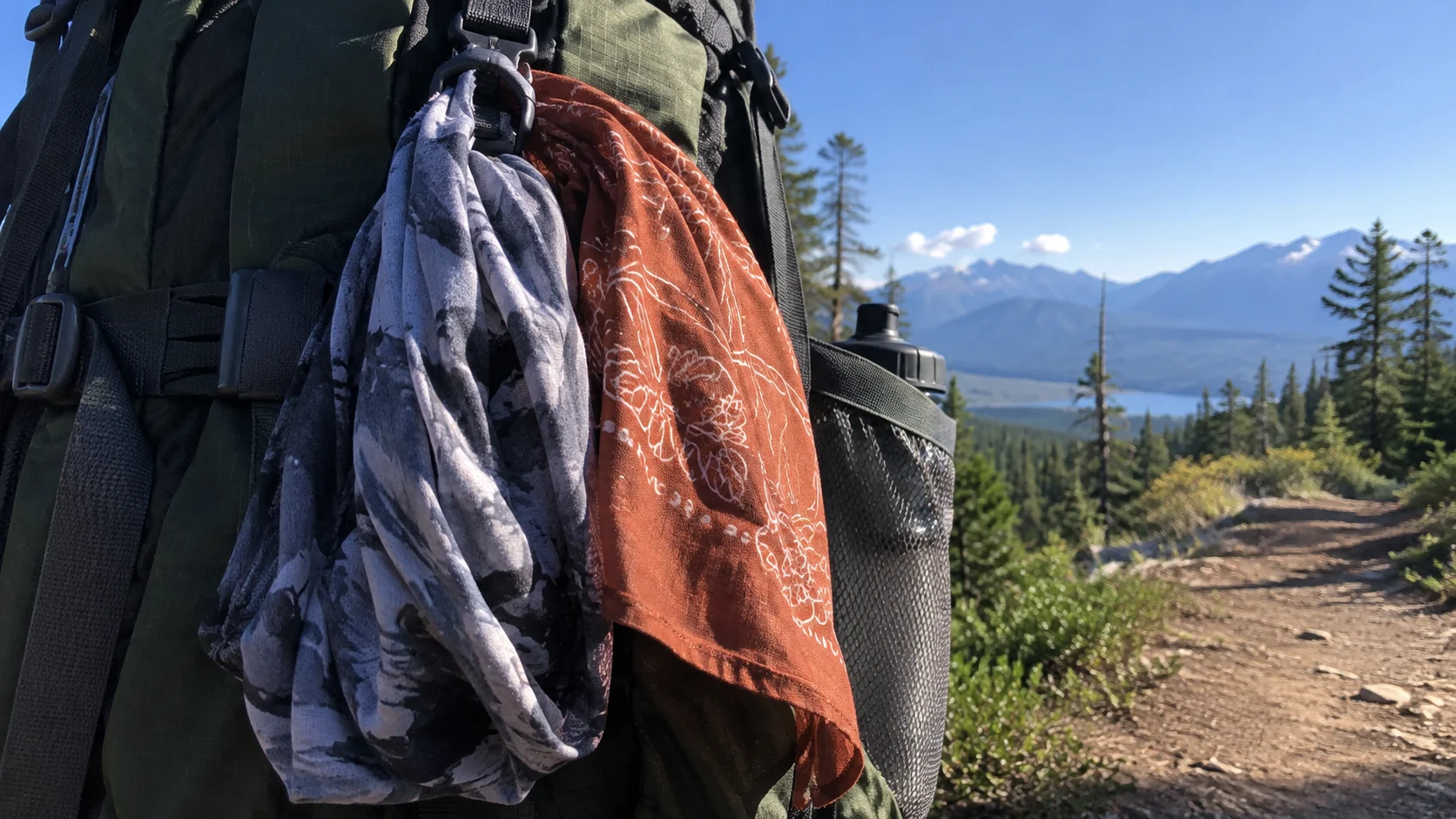 Lightweight neck gaiter and bandana attached to a hiking pack.
